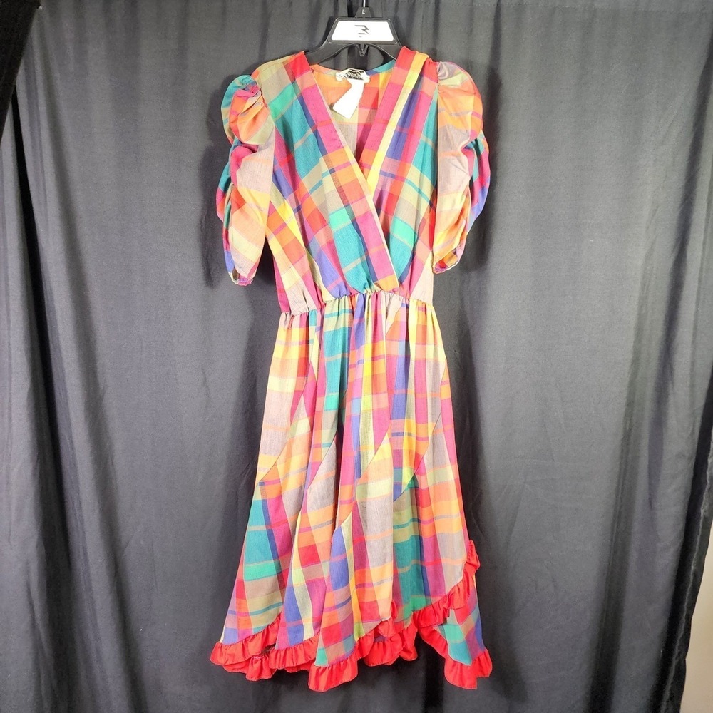 Vtg Rainbow Plaid Puff Sleeve Ruffle Hem Midi Dress 80sā Retro Whimsigoth Disco